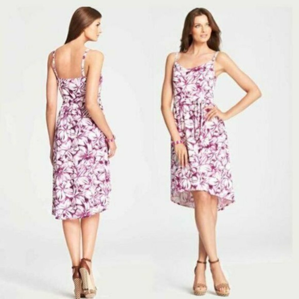 ANN TAYLOR PURPLE & WHITE FLORAL PRINT HI-LOW CAREER PARTY SHIFT DRESS SIZE: M